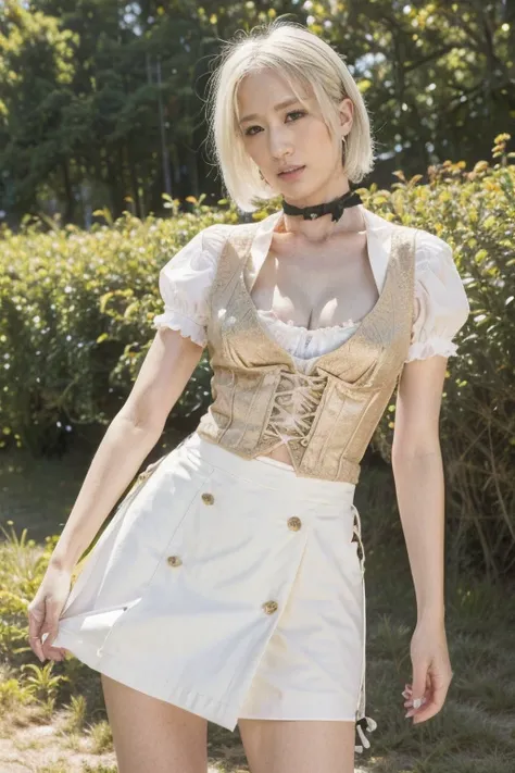 Girls, White hair, short hair, Yellow Eyed, Large Breasts, Cat hair ornaments, Side lock, White hair, Shiny hair, , (Golden Eyes: 1.2), (There are two long triangle extensions on the skirt, Abdominal vest), White buttons for vest corset, (Wear a short-slee...