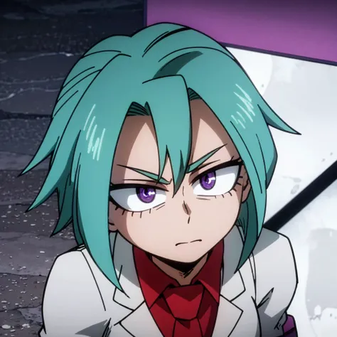 1boy, male focus, solo, muscular body, short hair, purple hair, amethyst eyes, gray jacket, red tie, white shirt, teal pants, ml...