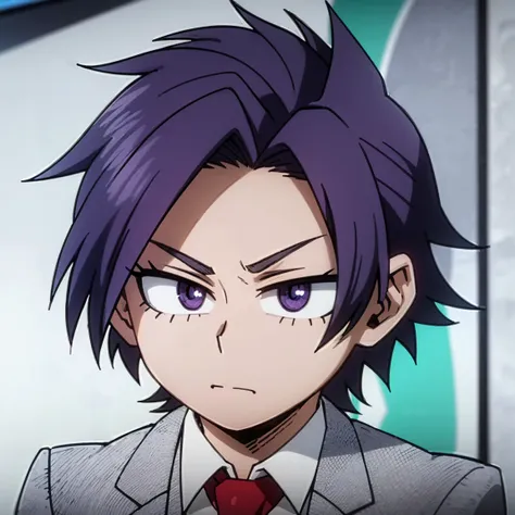 1boy, male focus, solo, muscular body, short hair, purple hair, amethyst eyes, gray jacket, red tie, white shirt, teal pants, ml...