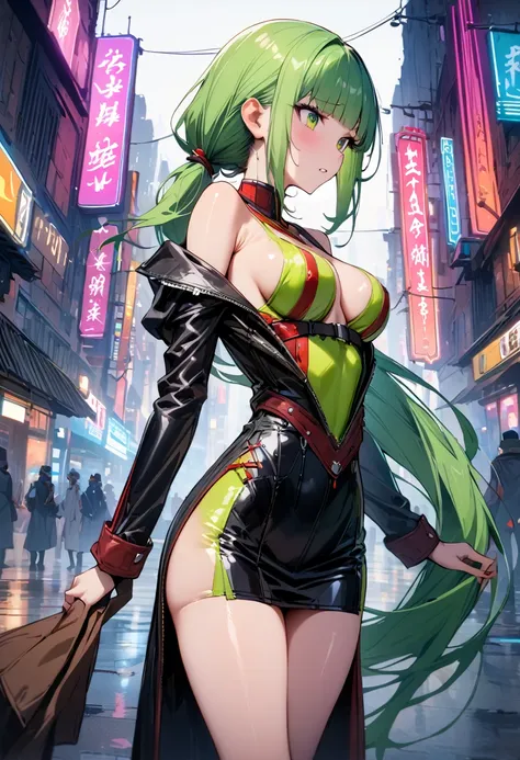 ((masterpiece,Highest quality:1.3)),cowboy shot,1woman,30 year old beauty,独奏,((very small head:1.3)),green hair,(low ponytail),long hair,blunt bangs,green eyes,gorgeous eyes,shy,medium breasts,((very long body:1.2)),((toned body,slender body,skinny)),gleam...