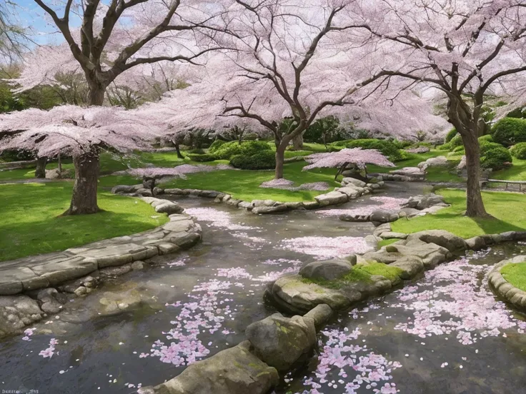 "Create a highly detailed 3D landscape of a cherry blossom tree park. The scene should be rendered in 4K definition and feature the following elements:

Cherry Blossom Trees: Include several cherry blossom trees in full bloom, with pink and white petals. E...