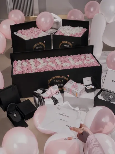 Chrome silver and black , real pink and white roses, realistic, 8k , sharpen, clarity , pink balloons , satin pink sleeve, , realistic skin , realistic hand , fur suede chair , Chanel runner