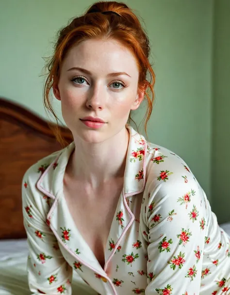 Photography full body portrait of a very beautiful realistic girl, on bed, porcelain skin, very light skin, very pale skin, redhead, wavy, pony tail, Detail of skin structure, hazel eyes, Slit eyes, small-nose, small nostril, think of arched eyebrows, thic...