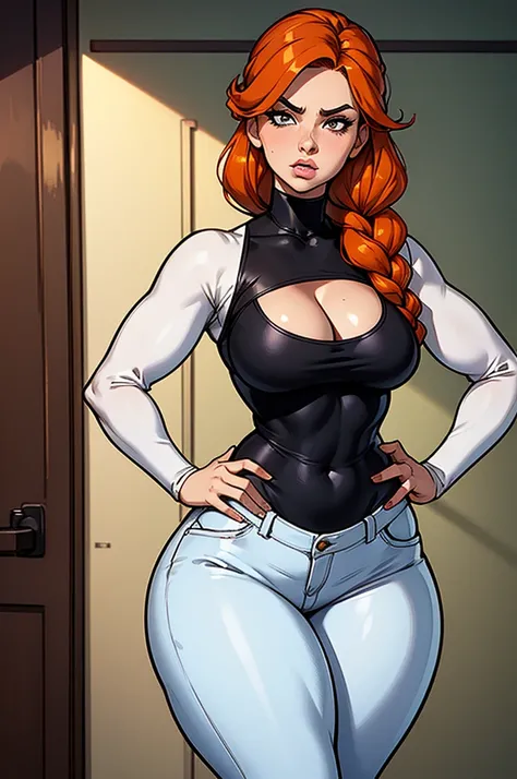 1 female, hourglass figure, pouty look, housewife, cleavage, Black turtleneck, small waist, thick thighs, orange hair, braided, hands on hips, tight jeans, masterpiece, slanty eyes, realistic lips, masterpiece, 4k.
