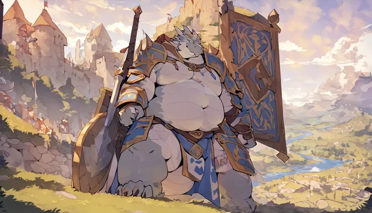 Dragon, male, focused, furry anime,fat, chubby,paladin,wearing Medieval adventure equipment ,Topless ,A heavy greatsword on the back, heavy Shield, medieval times,anthro,doujin,yaoi,fantasy,isekai, adventure,Three point perspective, landscape, 16:9 , by qu...