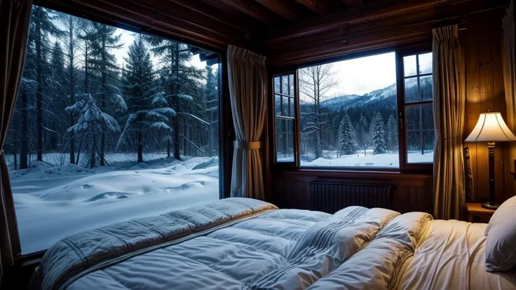 in the cabin bedroom、in warm light、the luxurious bed invites you。the starry sky outside the window spreads、a peaceful night is c...