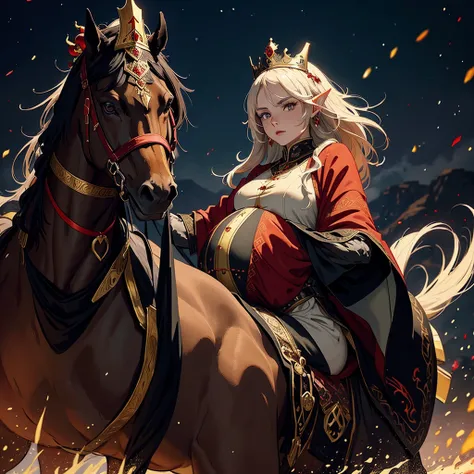 A pregnant woman riding a brown horse, wearing a black cloak with red embroidery, only her lips are visible from under the cloak, next to her is an elf man wearing a black cloak with gold embroidery, wearing a thin crown on his head, riding a black horse, ...