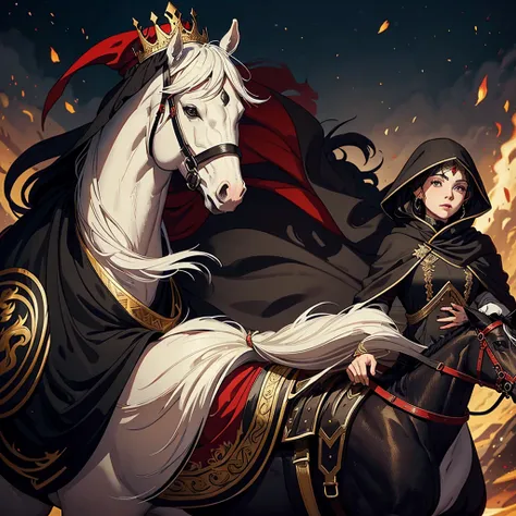 A pregnant woman riding a brown horse, wearing a black cloak with red embroidery, only her lips are visible from under the cloak, next to her is an elf man wearing a black cloak with gold embroidery, wearing a thin crown on his head, riding a black horse, ...