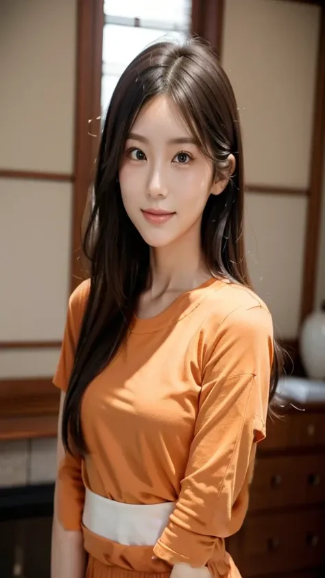 Realistic photos , (A beautiful Japanese woman) , Long Hair, No makeup, No makeup, look at viewer, smile at viewer, bashful, Flat Chest, small breasts, 5/4 sleeve crew neck, Orange oversized shirt, in the living room at home, thighhights, Canon EOS Clear F...