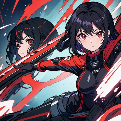 generic anime girl with black hair red eyes and black racing suit, clear background, character fitting in the image