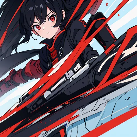 generic anime girl with black hair red eyes and black racing suit, clear background, character fitting in the image