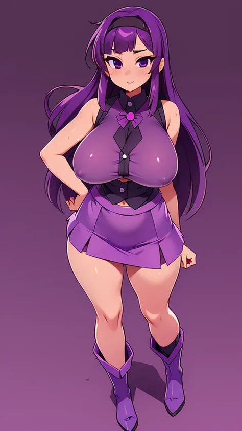 a big teenage girl big breast beautiful sexy ninja dark purple hair long hip her purple eye black eyelash big round she dresses purple blouse with sleeveless buttons exposed abdomen navel and a short purple skirt pair of net socks Transparent black boot