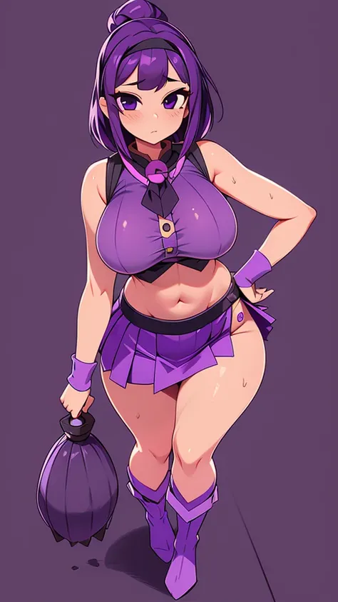 a big teenage girl big breast beautiful sexy ninja dark purple hair long hip her purple eye black eyelash big round she dresses purple blouse with sleeveless buttons exposed abdomen navel and a short purple skirt pair of net socks Transparent black boot