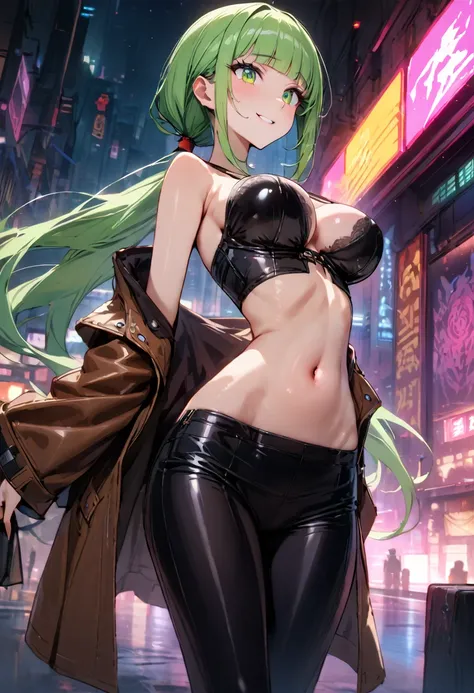 ((masterpiece,Highest quality:1.3)),cowboy shot,1woman,30 year old beauty,独奏,((very small head:1.3)),green hair,(low ponytail),long hair,blunt bangs,green eyes,gorgeous eyes,shy,smile,medium breasts,((very long body:1.2)),((toned body,slender body,skinny))...