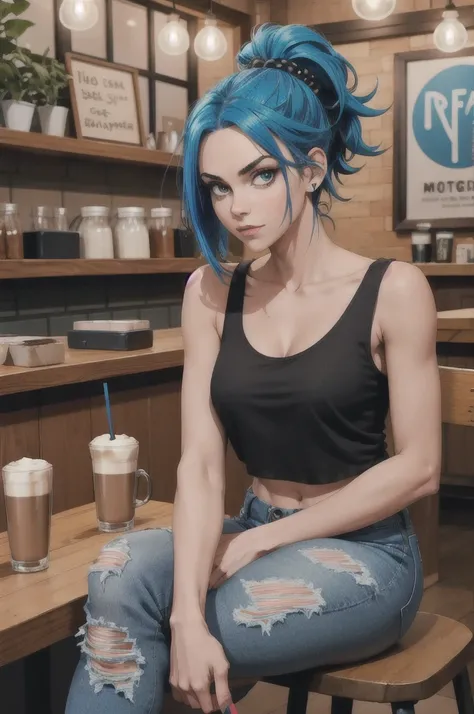 "Full body shot of a girl with blue hair, styled in a bold and edgy fashion. She’s in a trendy coffee shop, casually seated at a wooden table with a latte in front of her. The background features the cozy, eclectic decor of the coffee shop, with warm light...