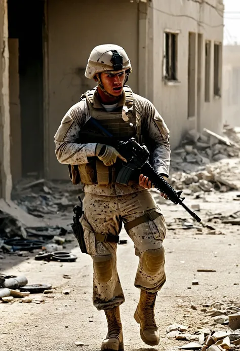 a highly detailed photo of a group of us marines engaged in intense street fighting in the city of fallujah, iraq in 2004, metic...