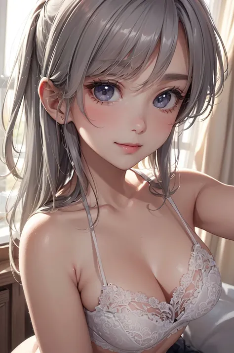 (Best Quality,High resolution,8K,finelity detailed background,Masterpiece:1.2),beautiful girl,Glossy romance gray hair,messy hair,Gray eyes,Gentle look,A refreshing look,Best quality,Best Quality,Aesthetic and aesthetic:1.2,Best details((Super detailed))(H...