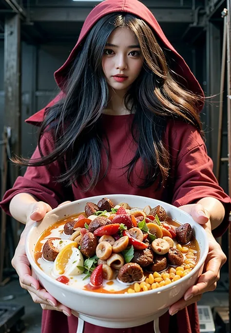 photorealistic, real girl , ((1 girl)), ((ultra-realistic)), gloss, 8k, detailed face, woman wear, red kuntilanak, with red wedding dress transparent, showing seblak food bowl