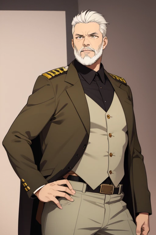 Goro Nomoru handsome man 40 years old white hair white beard slim complexion muscular light brown military uniform brown vest military print military pants