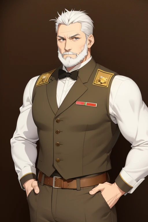 Goro Nomoru handsome man 40 years old white hair white beard slim complexion muscular light brown military uniform brown vest military print military pants