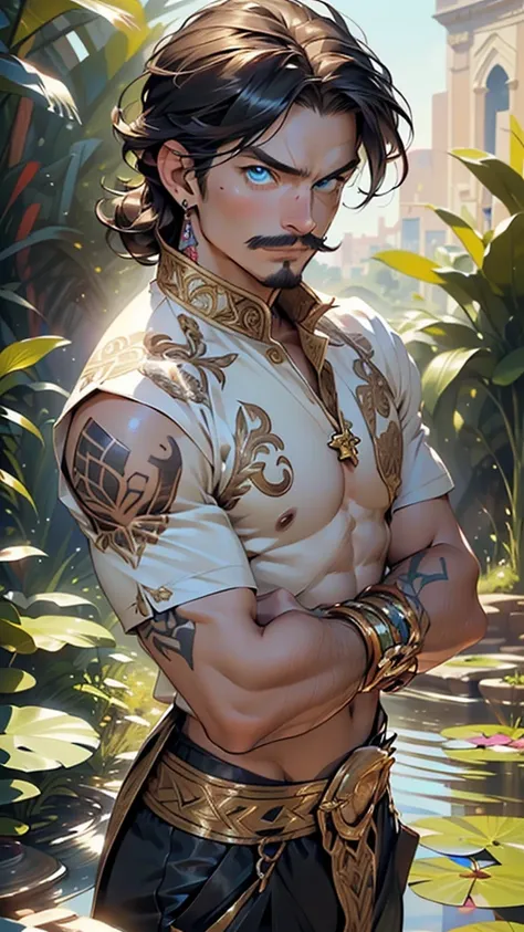 Simbad, the beloved hero of Arabian folklore, male,muscle, bulk,(medium ginger hair,medium hair,brown hair), ((beardstache),  massive biceps, massive pecs,rustic big nose,super hunky,super buff,extremely huge massive pecs and biceps,huge biceps and pecs,bu...