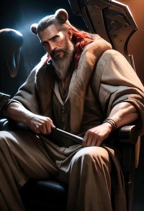 a mature viking man, futuristic utopia, sitting in a chair draped with a bear pelt, sharpening a high-tech axe, red braided hair and beard, intricate details, cinematic lighting, hyper-realistic, 8k, studio lighting, physically-based rendering, vibrant col...