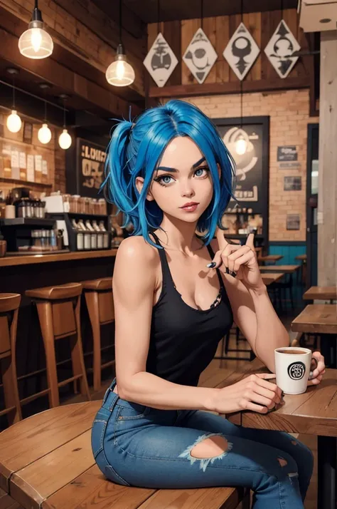 "Full body shot of a girl with blue hair, styled in a bold and edgy fashion. She’s in a trendy coffee shop, casually seated at a wooden table with a latte in front of her. The background features the cozy, eclectic decor of the coffee shop, with warm light...