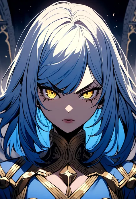 Blue medium length hair with golden eyes girl. Has a small eye linear and under eye bags. Badass