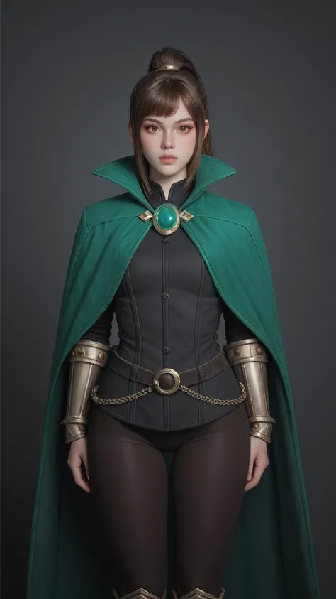 score_9, score_8_up, score_7_up, best quality, masterpiece, 
thick thighs, wide hips, jacket, brooch, green cape, vambraces, black leggings, belt, marci (dota), brown eyes, brown hair, ponytail