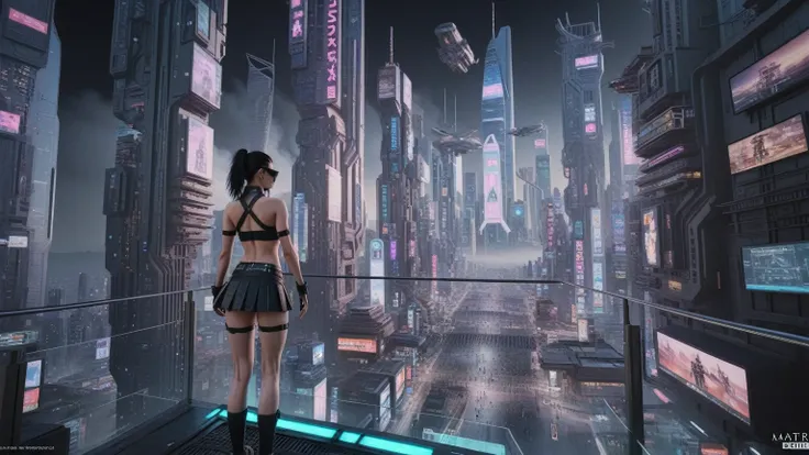 (((aerial view))) of a sprawling cyberpunk cityscape, (((all-glass))) towering skyscrapers, a lot of neon lights and holographic...