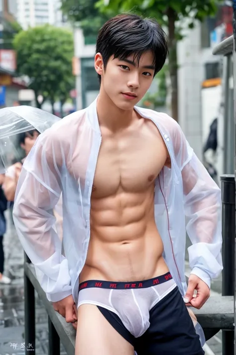 Handsome Asian boy, 17 years old boy , handsome Korean face, neat muscular, transparent raincoat, white micro thong with big bulge, showing abs, rainy day, very wet body, very hairy armpits, sit pose, siting on the bussy street