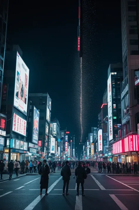 プロンプト: A street lined with digital billboards, all glitching and fading to black. People on the streets looking up in confusion and fear. High resolution, 9:16 aspect ratio, wide shot capturing the citys growing anxiety.