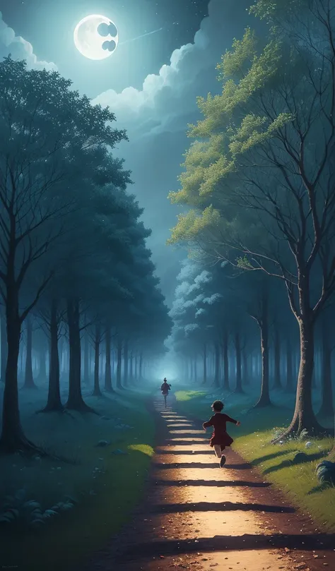 (anime, digital paint, children escaping the gingerbread house, running through the dark forest, scared but hopeful expressions, moonlight filtering through the trees, path illuminated by soft blue light, sense of urgency and relief)