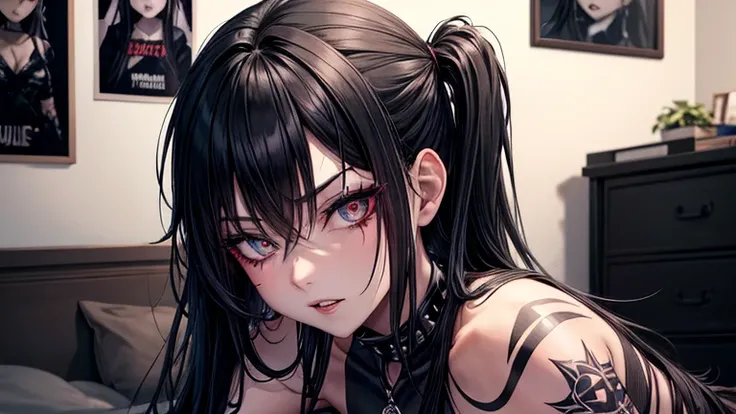 girl with black hair, dressed like a hardcore music lover. Dark colors predominate., torn fishnet stockings, Metallica logo top, black lips and eyes, Tattoos on the body, tsoker with spikes on the neck. Shes sitting on the bed, and on the wall behind her a...