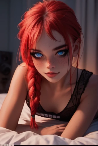 score_9, score_8_up, score_7_up, (face focus, eye focus), in bed, 1girl, model Bombshell, long wild red hair, loose braided rainbow colorful ponytail, bold makeup, mascara, eyeliner, freckles, big lustful blue eyes,looking at viewer, tan skin,  slender bod...