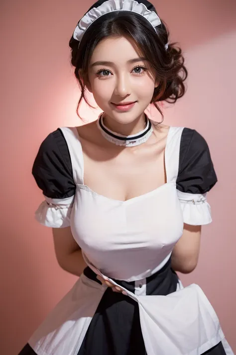 ((Beautiful maid:1.5),high resolution, Top quality),Dressed as a maid,Soft hands, Big bright eyes, Dark and Vibrant Curls, sweet smile, Red face, Soft Light, Pure white background.  