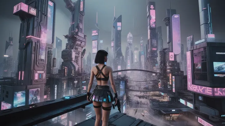 (((aerial view))) of a sprawling cyberpunk cityscape, (((all-glass))) towering skyscrapers, a lot of neon lights and holographic...