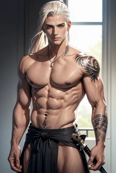 A tall, statuesque, masculine adult man is platinum blond, he has long platinum hair pulled back in a ponytail, shaved temples, shaved nape, tanned skin, lots of tattoos, blue eyes, long bangs. Stripped to the waist, topless, athletic body, sculpted body. ...