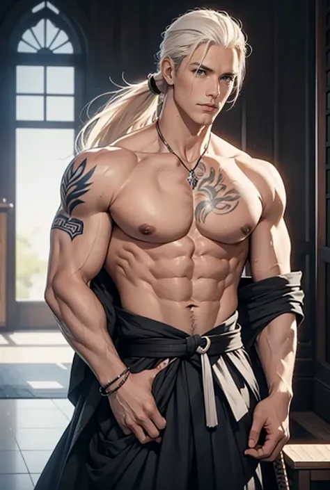 A tall, statuesque, masculine adult man is platinum blond, he has long platinum hair pulled back in a ponytail, shaved temples, shaved nape, tanned skin, lots of tattoos, blue eyes, long bangs. Stripped to the waist, topless, athletic body, sculpted body. ...