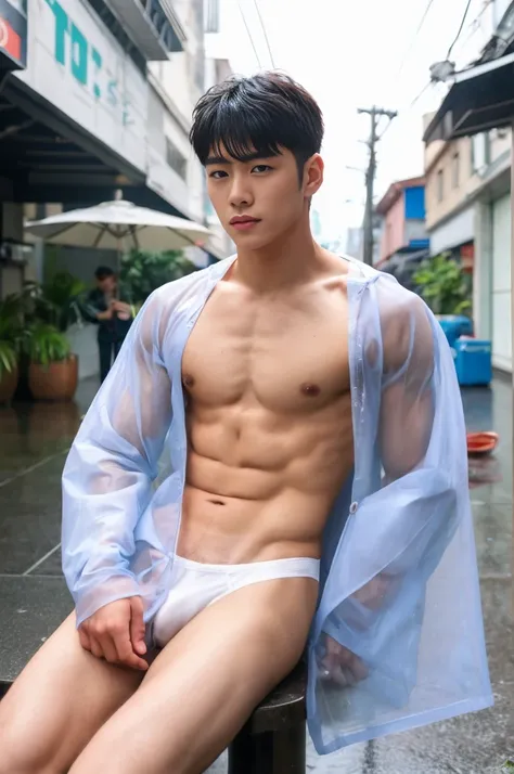 Handsome Asian boy, 17 years old boy , handsome Korean face, neat muscular, transparent raincoat, white micro thong with big bulge, showing abs, rainy day, very wet body, very hairy armpits, sit pose, siting on the bussy street