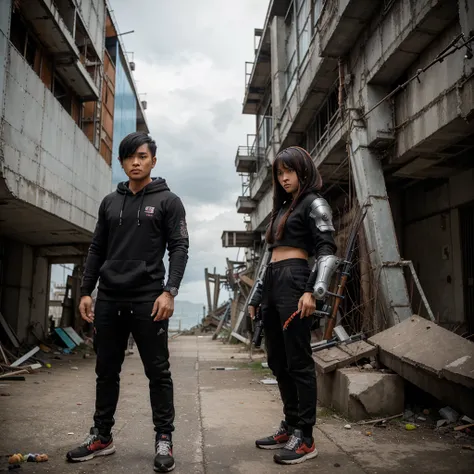 The indonesian man with (hairstyle) cosplay, black hoodie full armor. She is wearing (colouring) mecha armor. Standing pose with arm-weapon-long-sniper in the abandoned shipyard