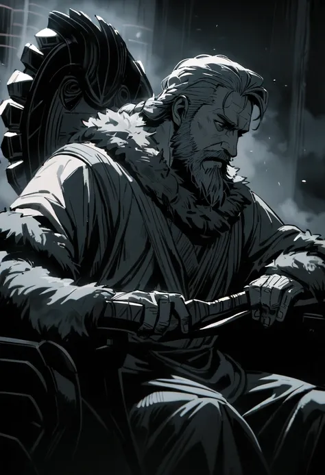 a mature viking man with red braided hair and beard,sitting in a futuristic utopia chair draped in a bears pelt, sharpening a high-tech axe,detailed face and expression,intricate details,cinematic lighting,dramatic atmosphere,epic scale,muted color palette...