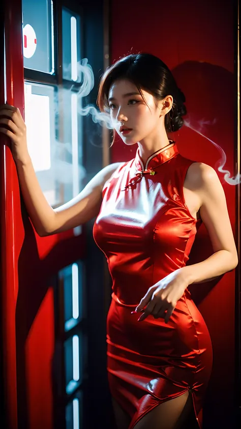 Best quality，masterpiece，16K，A girl，Wearing red cheongsam，Leaning against the wall，Film quality，Background is，Smoking，smoke，Neon，High light-dark contrast