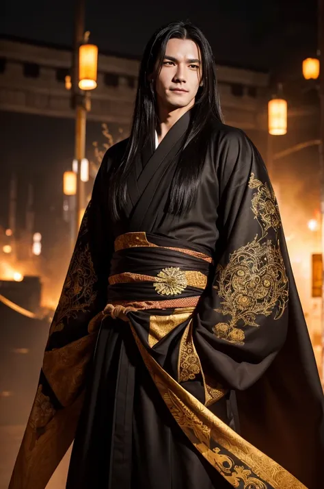 prompt: A medium shot of "Thousand Ghosts (No one)" - a tall, slender figure with long, flowing black hair, and piercing golden eyes. He wears a dark kimono adorned with intricate patterns of shadows, and a sinister smile plays on his lips. He stands amids...