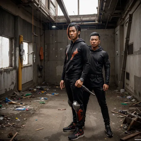 The indonesian man with (hairstyle) cosplay, black hoodie full armor. He is wearing (colouring) mecha armor. Standing pose with arm-weapon-long-sniper in the abandoned shipyard