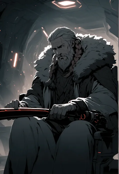 a mature viking man with red braided hair and beard,sitting in a futuristic spaceship, his chair draped in a bears pelt, sharpening a high-tech axe,detailed face and expression,intricate details,cinematic lighting,dramatic atmosphere,epic scale,muted color...