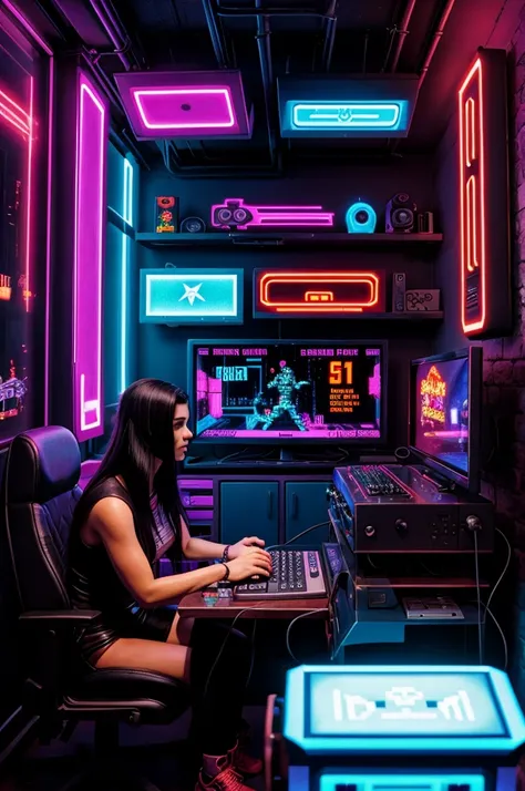 Retro gaming room, cyberpunk 
