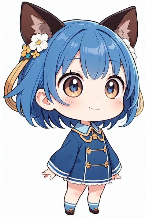 chibi, flat color, solo, full body, cute, (highest quality), blue hair, brown eye, Beautiful Eyes, smile, blue clothes, white background, (masterpiece)