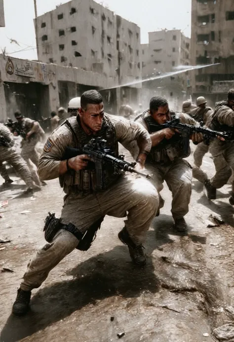 A highly detailed photo of a group of US Marines engaged in intense street fighting in the city of Fallujah, Iraq in 2004, meticulously capturing the chaos and intensity of a house-to-house battle, (best quality, 8k, hyperrealistic, masterpiece:1.2), ultra...