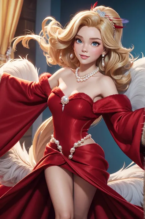 3d, disney cartoon style, pixar style, a lady with a fur coat draped over the shoulders, short wavy blonde hair, wearing a pearl and feather headpiece, wearing red dress, full body